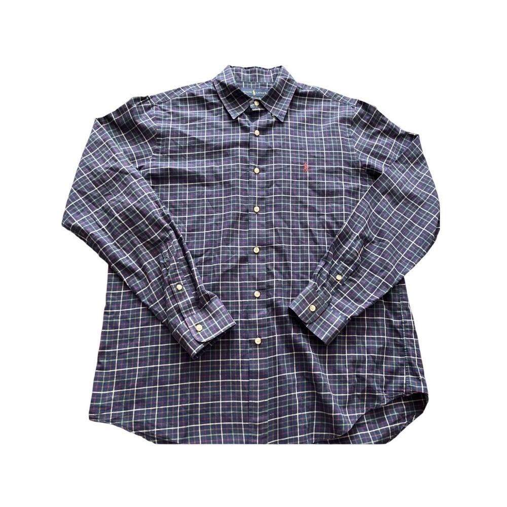 Ralph Lauren Mens Plaid Button Down Shirt Navy Blue Green Red Long Sleeve